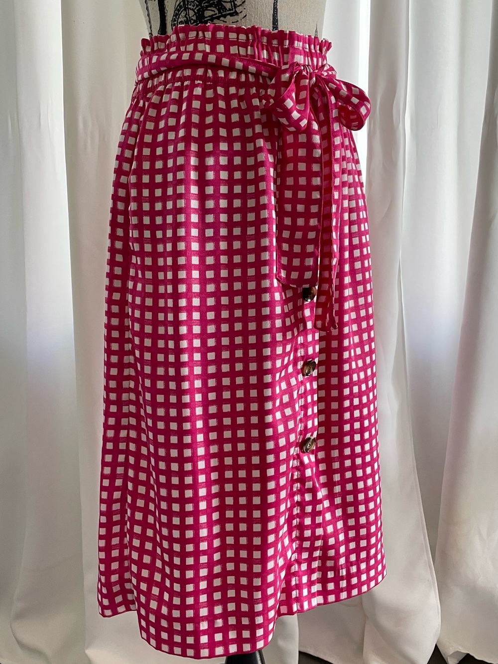 Ann Taylor Pink Check Midi Skirt with Tie Waist